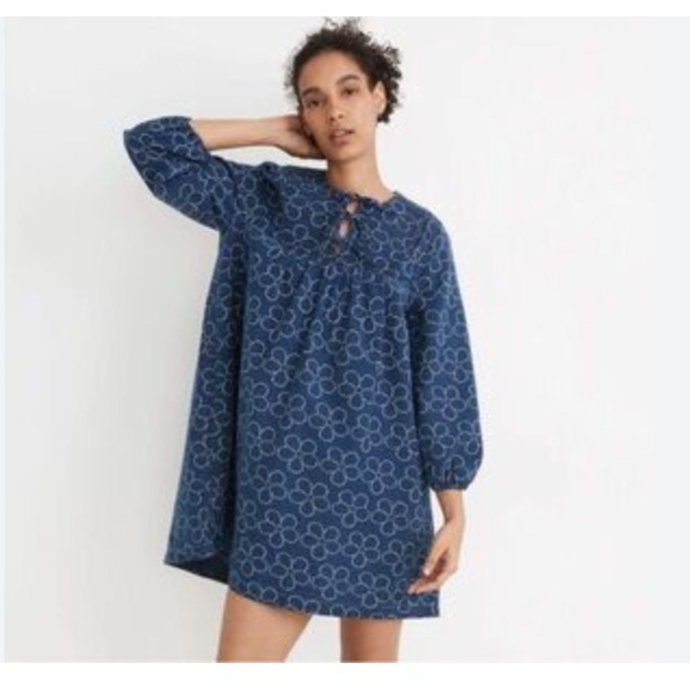 Madewell Quilted Tie-Front Bib Dress‎ Indigo Floral XXS